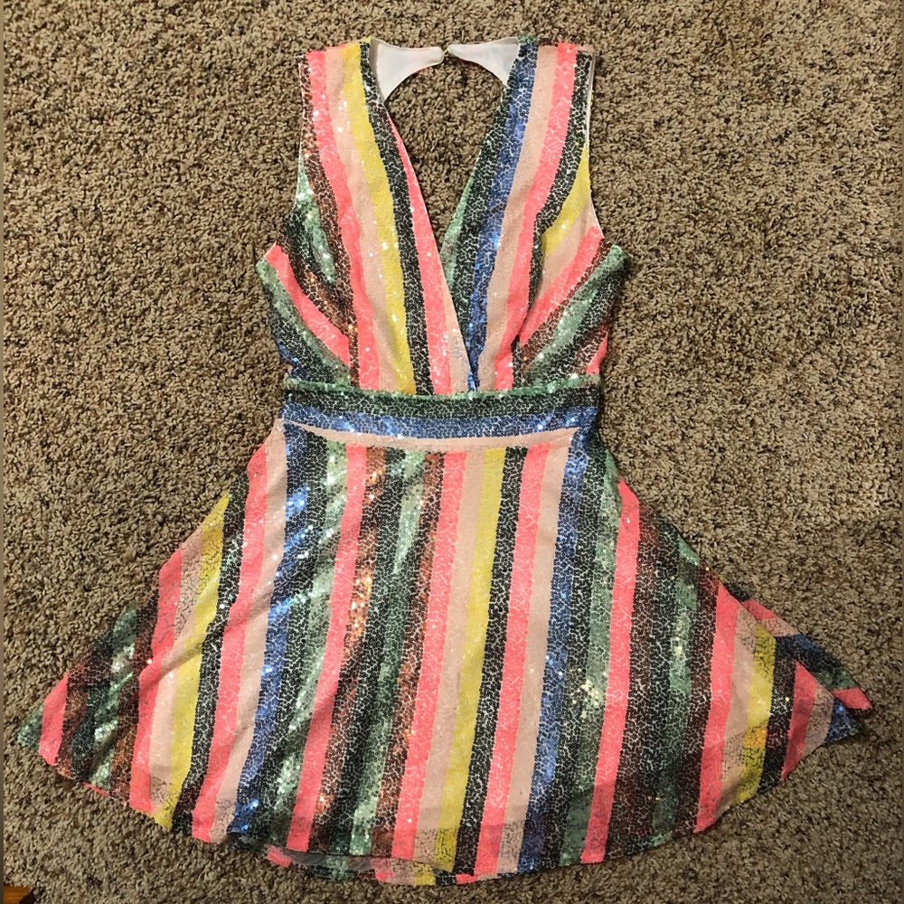 Backless Multicolor Striped Sequin Mini Dress